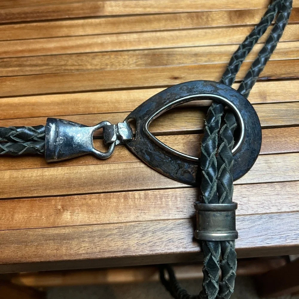 Vintage Braided Leather Lariat Hip Belt Teardrop Buckle Dark Double Strand 50